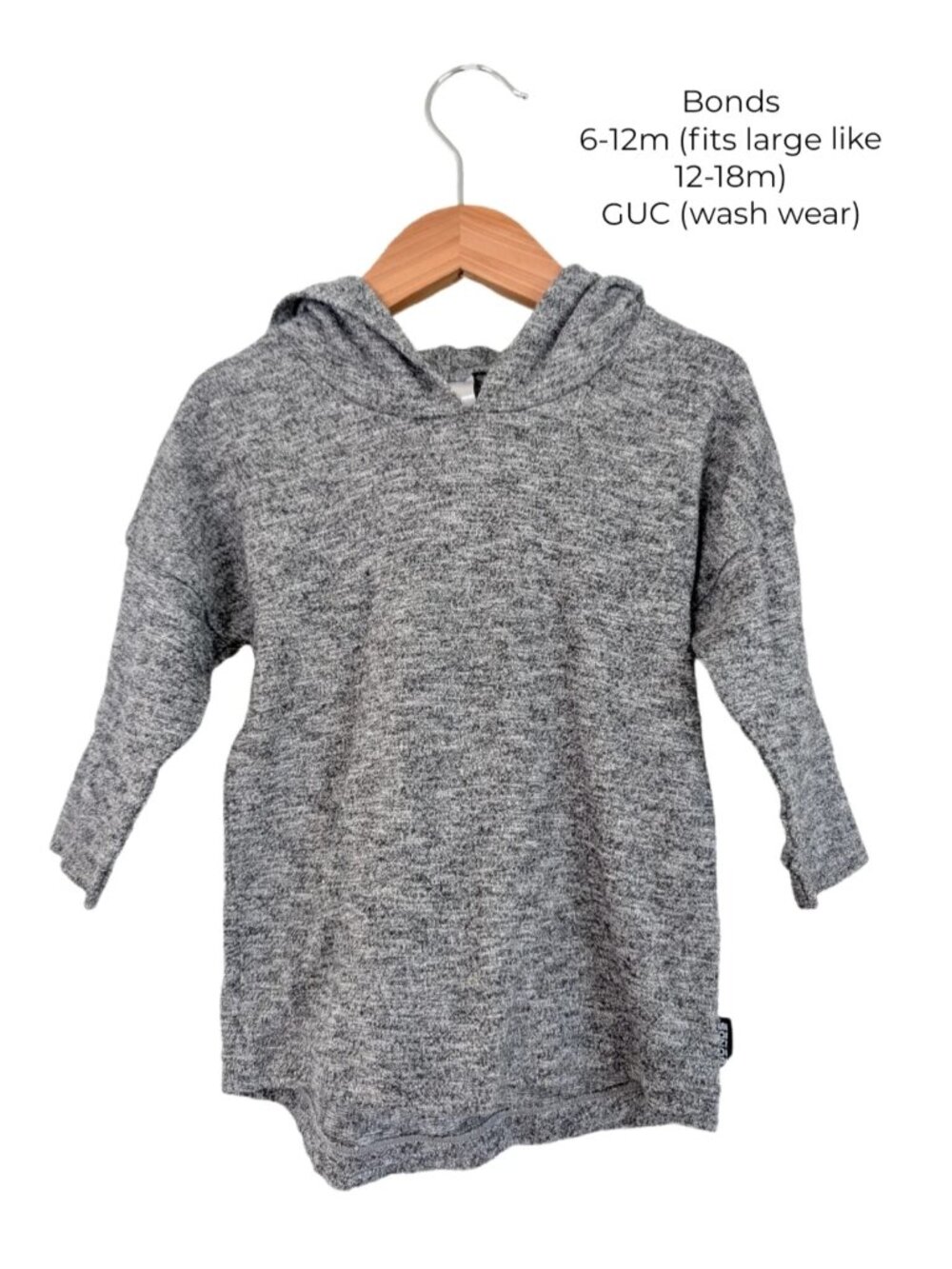 Bonds Grey Thinner Shirt-Style Hoodie 6-12m (fits large like 12-18m)